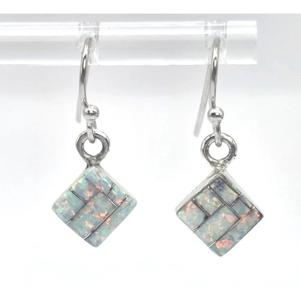 Fire Opal Earrings Dangles Sterling Silver Inlays Handmade Squares Signed SM NEW